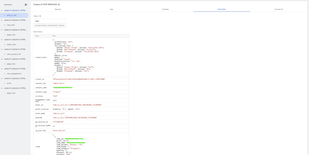 server side debug view event data
